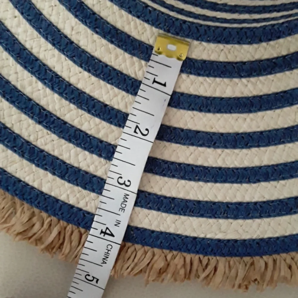 NWT DAVID and YOUNG Floppy Wide Brim w/fringe Hat, Blue/cream - Picture 10 of 11